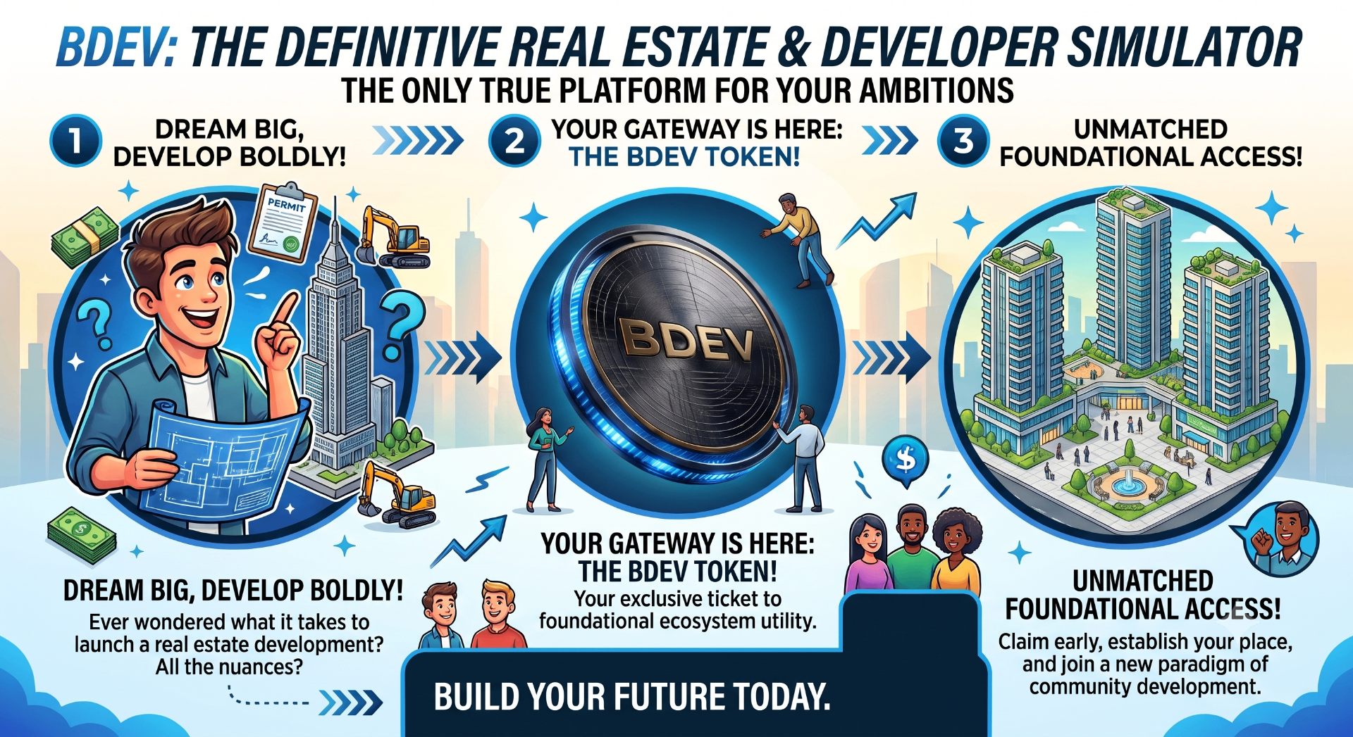 BDEV: The Definitive Real Estate & Developer Simulator — three-step visual: dream big and develop boldly, the BDEV token as your gateway, and unmatched foundational access.