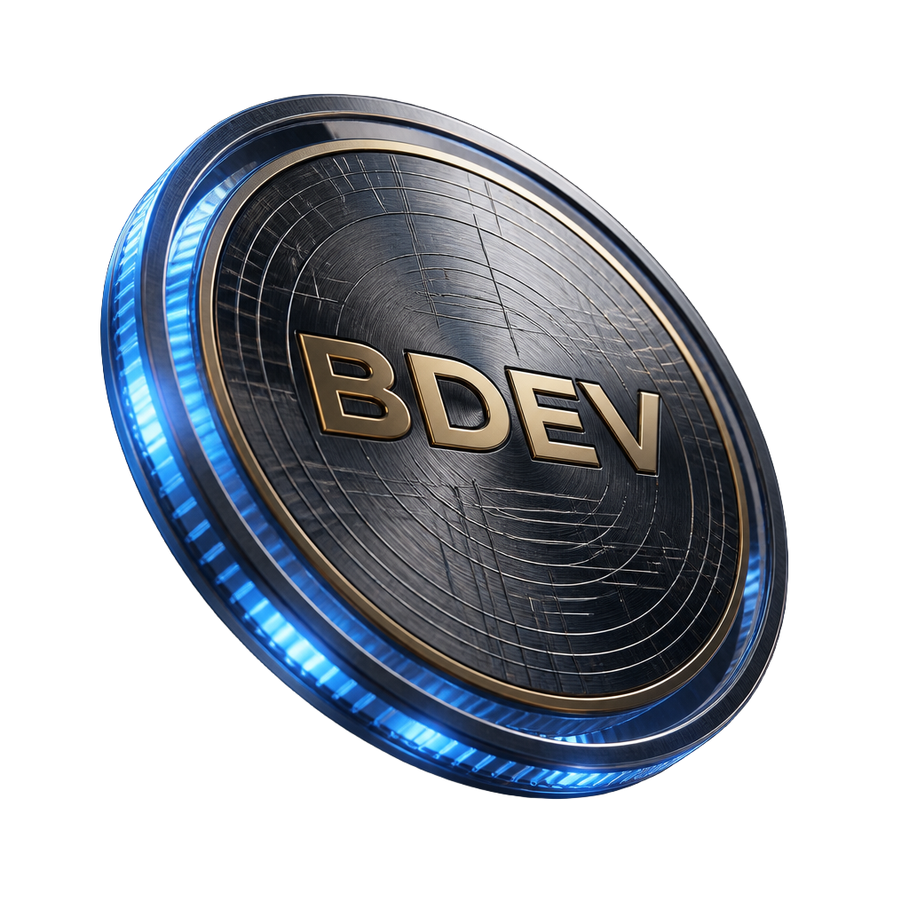 $BDEV token: brushed titanium body with gold BDEV inlay and electric blue polymer edge